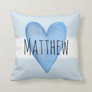 Blue Heart Typography Baby Love with Name Nursery Throw Pillow
