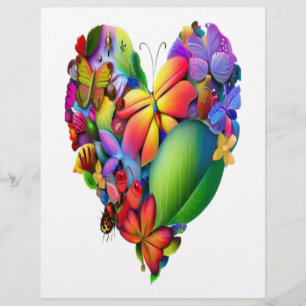Blue Heart with Blooming Flower and Green Leaves Letterhead