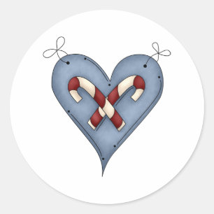 Blue Heart with Candy Canes Country Christmas Classic Round Sticker