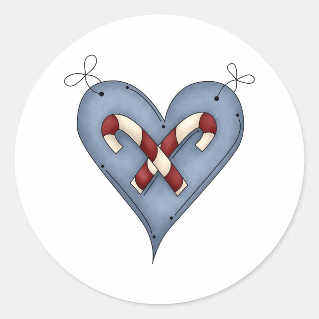 Blue Heart with Candy Canes Country Christmas Classic Round Sticker (Front)