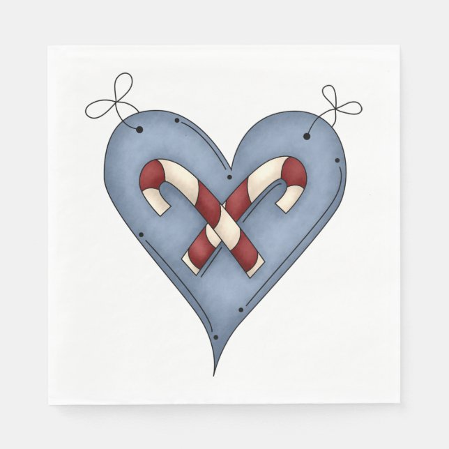 Blue Heart with Candy Canes Country Christmas Napkin (Front)
