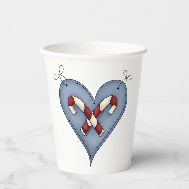 Blue Heart with Candy Canes Country Christmas Paper Cups (Front)