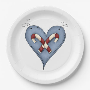 Blue Heart with Candy Canes Country Christmas Paper Plate