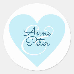 blue heart with couple names, wedding love classic round sticker