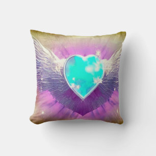 Blue Heart with Wings Throw Pillow