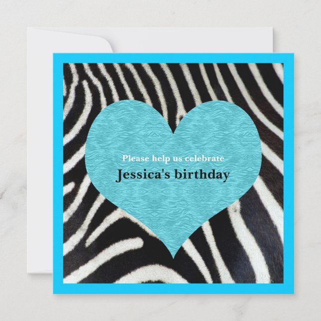 Blue Heart with Zebra Print Party Invitation (Front)