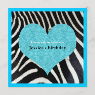 Blue Heart with Zebra Print Party Invitation