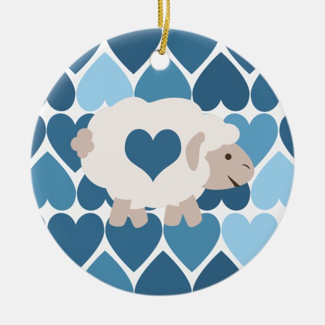Blue Hearts and Cute Lamb Ceramic Ornament (Front)