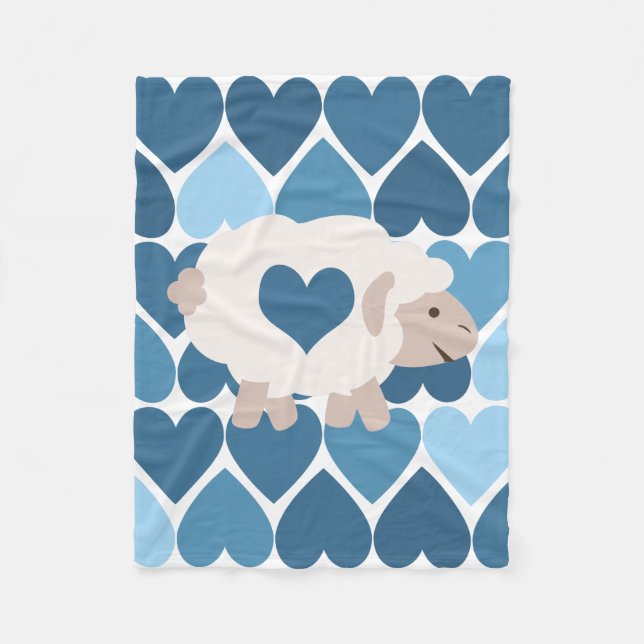 Blue Hearts and Cute Lamb Fleece Blanket (Front)