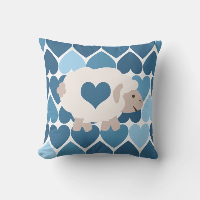Blue Hearts and Cute Lamb Throw Pillow (Front)