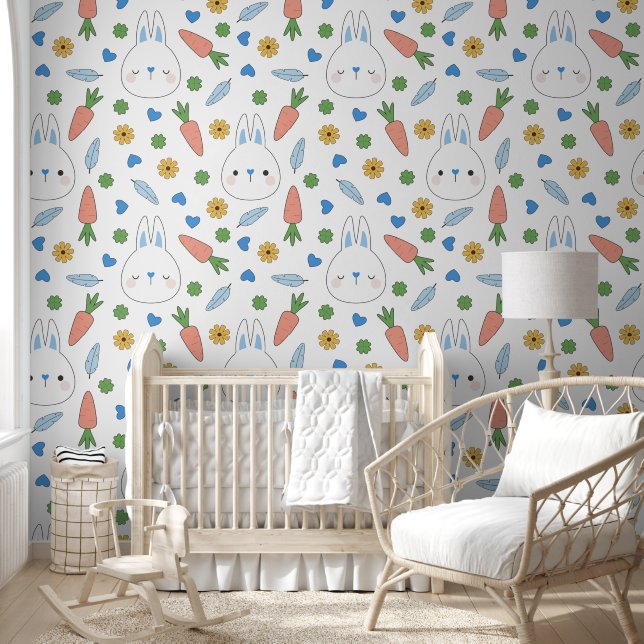 Blue Hearts Bunny Carrot Boy Nursery Pattern Wallpaper (Kids)