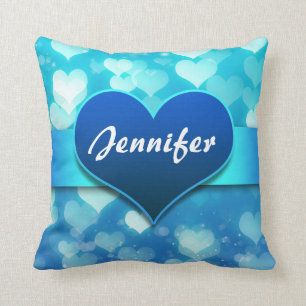 blue hearts name throw pillow