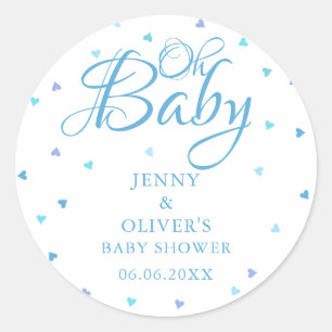 Blue Hearts Oh Baby Couples Baby Boy Shower Classic Round Sticker