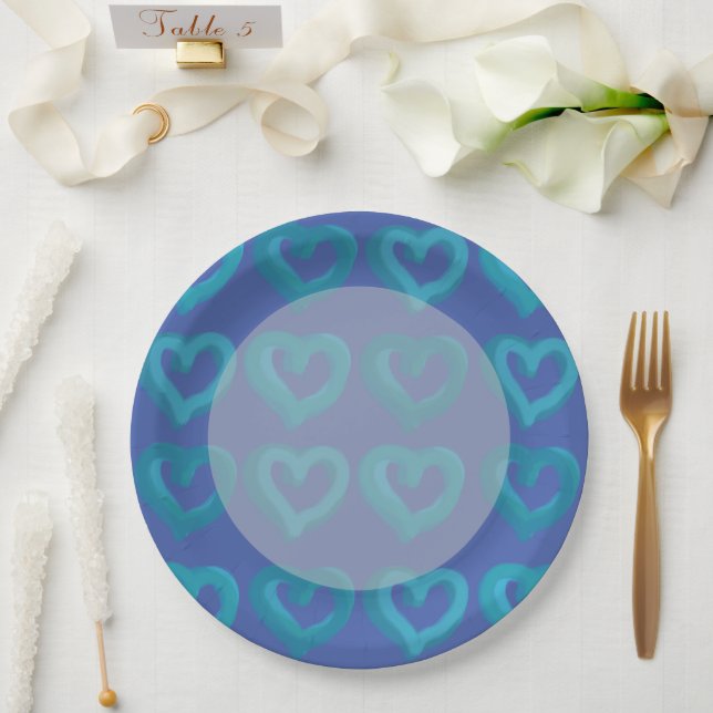 Blue Hearts on Any Background Colour Paper Plates (Wedding)