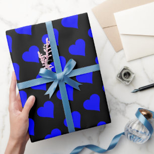Blue hearts on black background wrapping paper