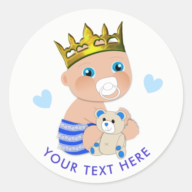 Blue Hearts Prince Baby Boy Shower Personalized Classic Round Sticker (Front)