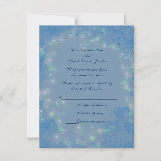 Blue Hearts Sparkly Lights Wedding RSVP Card (Front)