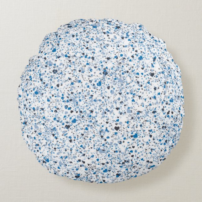 Blue Hearts Splatter Paint, Speckled Round Pillow (Front)