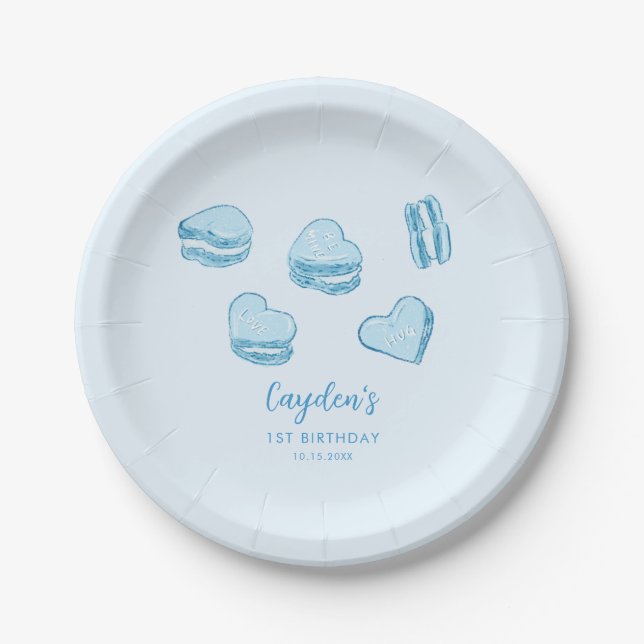 Blue Hearts Sweet Valentine Birthday Party Paper Plate (Front)
