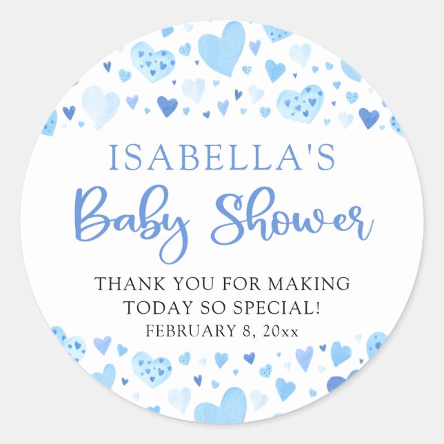 Blue Hearts Valentine Sweetheart Baby Shower Classic Round Sticker (Front)