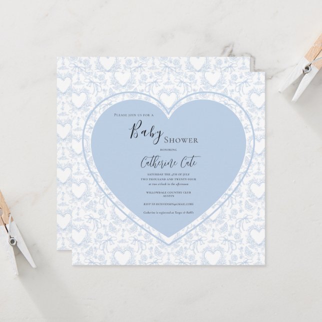 Blue Hearts Vintage Baby Shower Invitation (Front/Back In Situ)