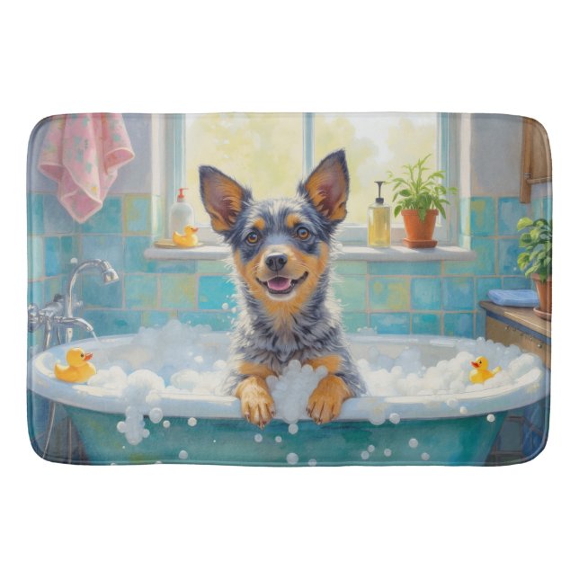 Blue Heeler Bath Time Cheerful Bathroom Decor Mat (Front)