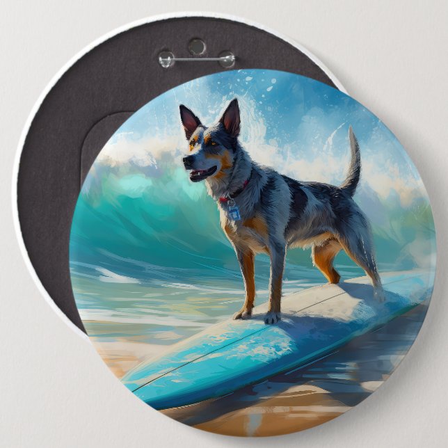 Blue Heeler Beach Surfing Painting  6 Inch Round Button (Front & Back)