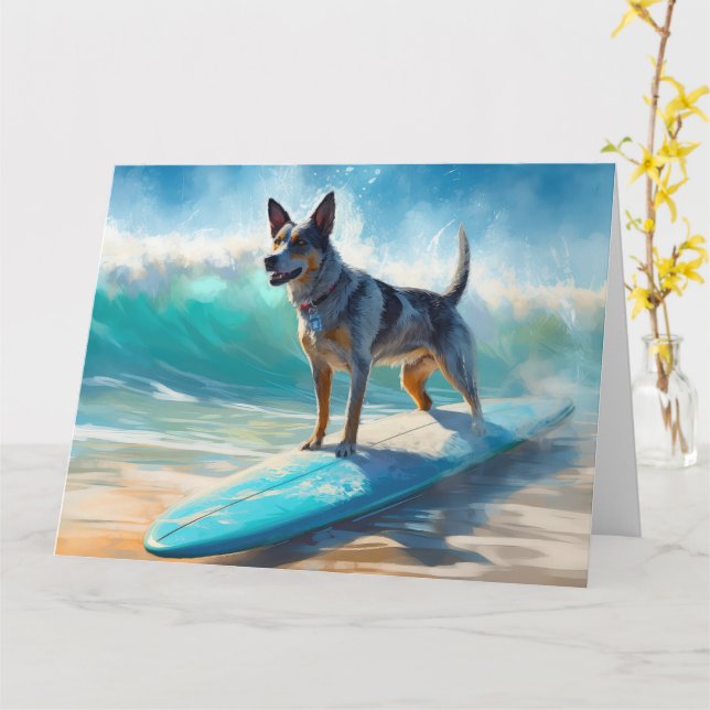 Blue Heeler Beach Surfing Painting  Card (Yellow Flower)