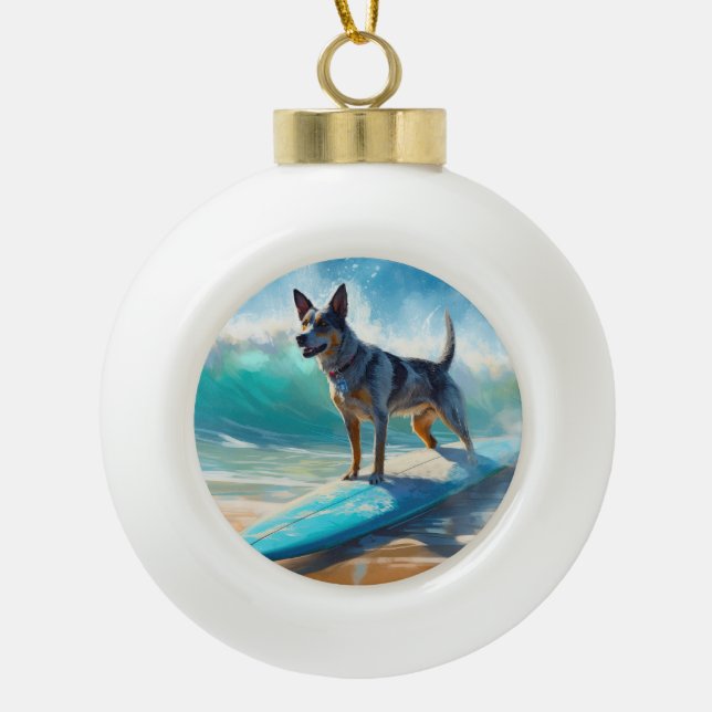 Blue Heeler Beach Surfing Painting  Ceramic Ball Christmas Ornament (Front)