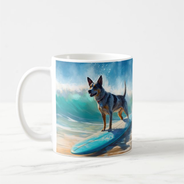 Blue Heeler Beach Surfing Painting  Coffee Mug (Left)
