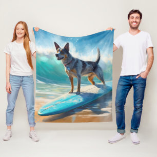 Blue Heeler Beach Surfing Painting Fleece Blanket