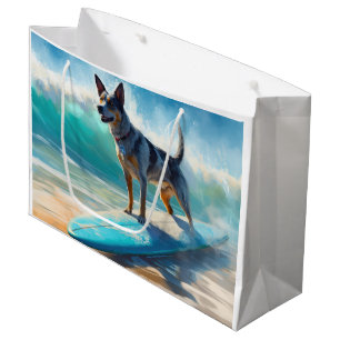 Blue Heeler Beach Surfing Painting Large Gift Bag