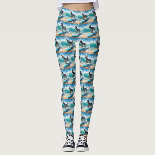 Blue Heeler Beach Surfing Painting  Leggings (Front)