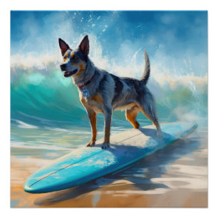 Blue Heeler Beach Surfing Painting  Poster