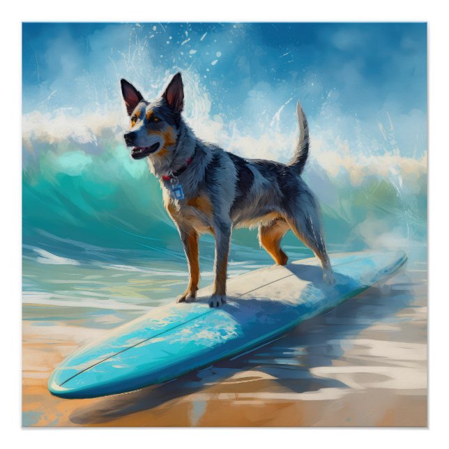 Blue Heeler Beach Surfing Painting  Poster (Front)
