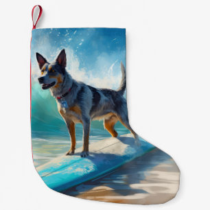 Blue Heeler Beach Surfing Painting  Small Christmas Stocking
