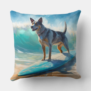 Blue Heeler Beach Surfing Painting Throw Pillow