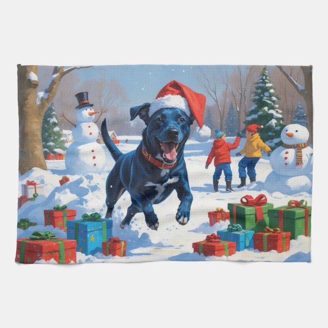 Blue Heeler Christmas Festive Snow Scene Kitchen Towel (Horizontal)