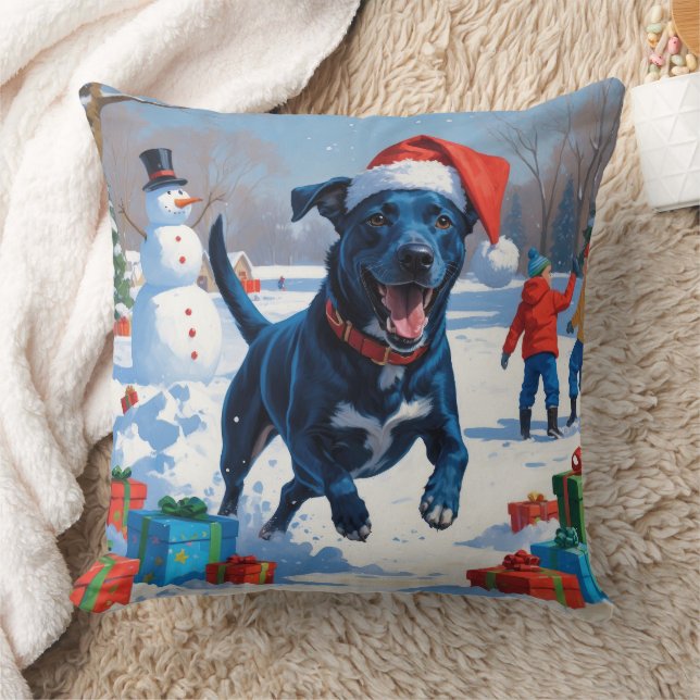 Blue Heeler Christmas Festive Snow Scene Throw Pillow (Blanket)