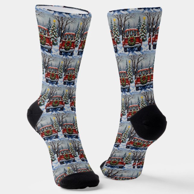 Blue Heeler Christmas Red Truck Holiday Socks (Angled)