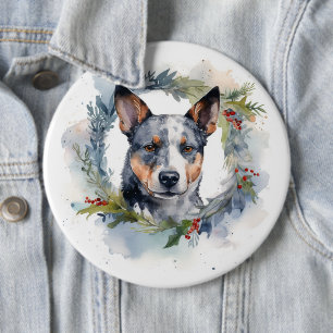 Blue Heeler Christmas Wreath Festive Pup 6 Inch Round Button