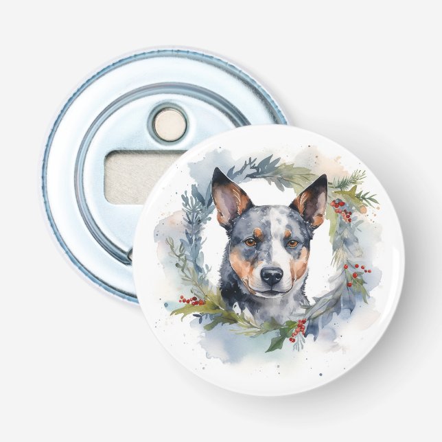 Blue Heeler Christmas Wreath Festive Pup Bottle Opener (Front)