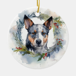 Blue Heeler Christmas Wreath Festive Pup Ceramic Ornament