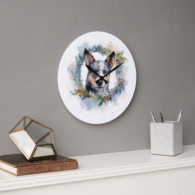 Blue Heeler Christmas Wreath Festive Pup Large Clock (Office)