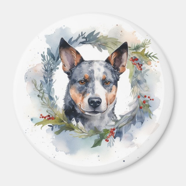 Blue Heeler Christmas Wreath Festive Pup Magnet (Front)