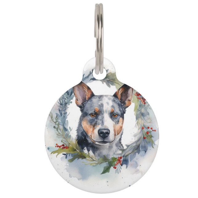 Blue Heeler Christmas Wreath Festive Pup Pet Tag (Front)
