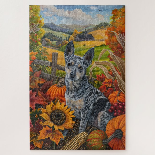 Blue Heeler Dog Autumn Harvest Thanksgiving Jigsaw Puzzle (Vertical)
