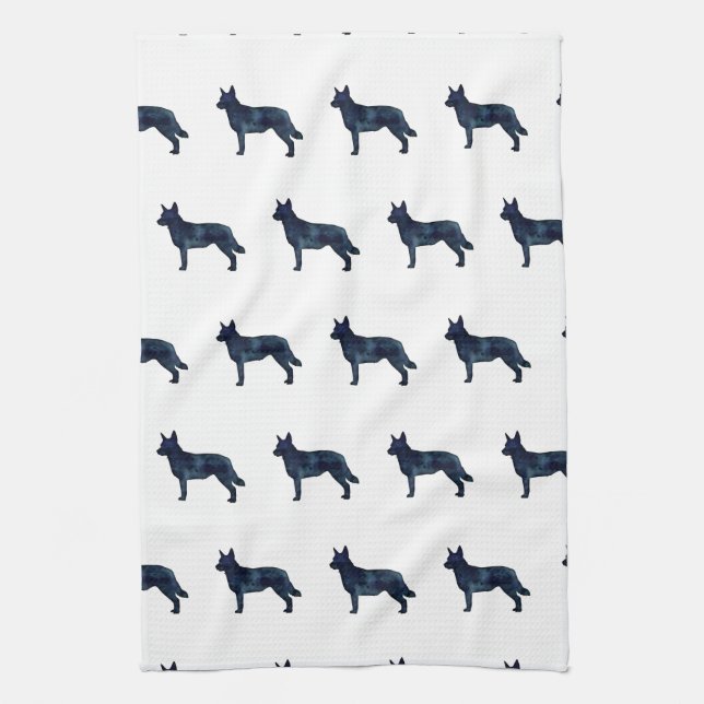 Blue Heeler Dog Breed Silhouette Black Watercolor Kitchen Towel (Vertical)
