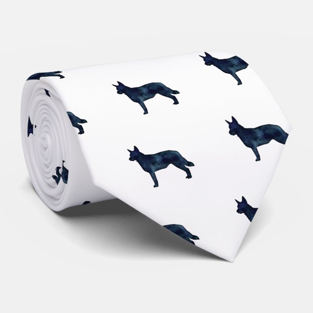 Blue Heeler Dog Breed Silhouette Black Watercolor Tie (Rolled)