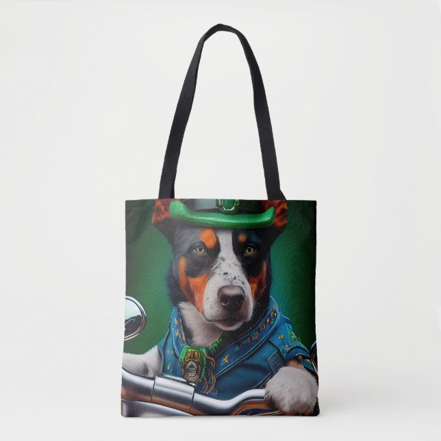 Blue Heeler Dog Driving Bike St. Patrick's Day Tote Bag (Front)